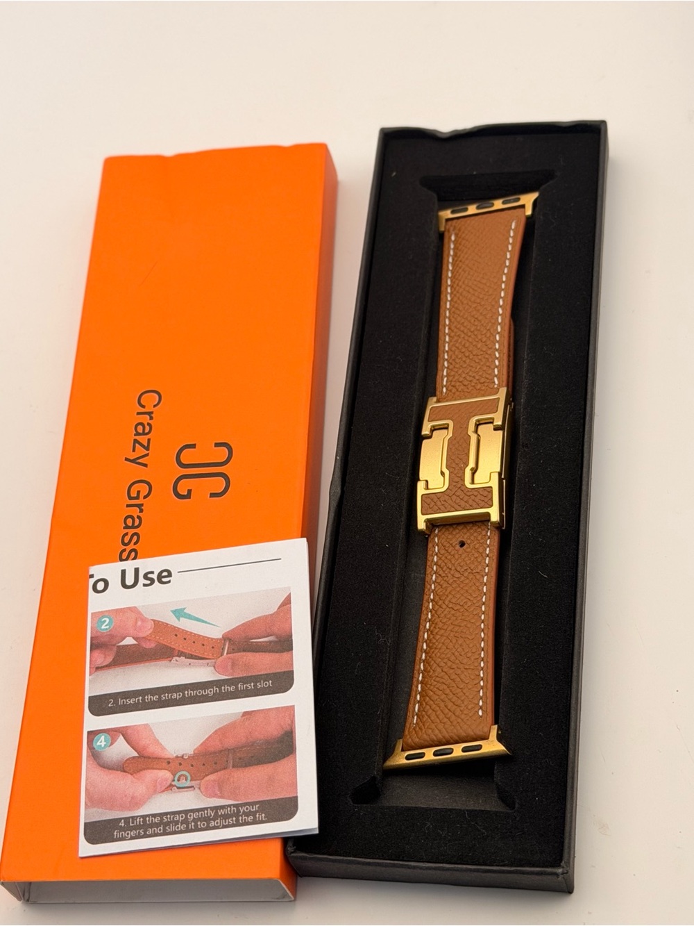 Apple Watch Leather Band, Gold H Accent, New, 42/44/46